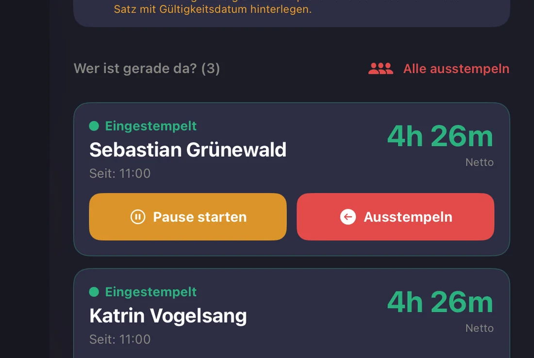 Zeiterfassung mit eingestempelten Mitarbeitern